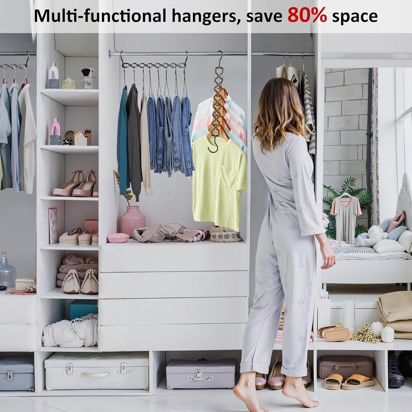 12 Pack Space Saving Hangers for Clothes, Heavy Duty 30Lbs Capacity Magic Clothes Space Saver Sturdy Metal Hanger Organizer with 360° Swivel Hook, Closet Organizers Storage Dorm Essentials Black