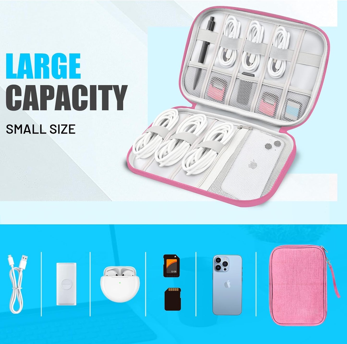 Travel Cable Organizer Bag, Electronics Organizer Tech Pouch with Double Layers for Cords, Chargers, Phone, Earphones, USBs, SD Cards - Travel Essentials Portable Waterproof Tech Pouch