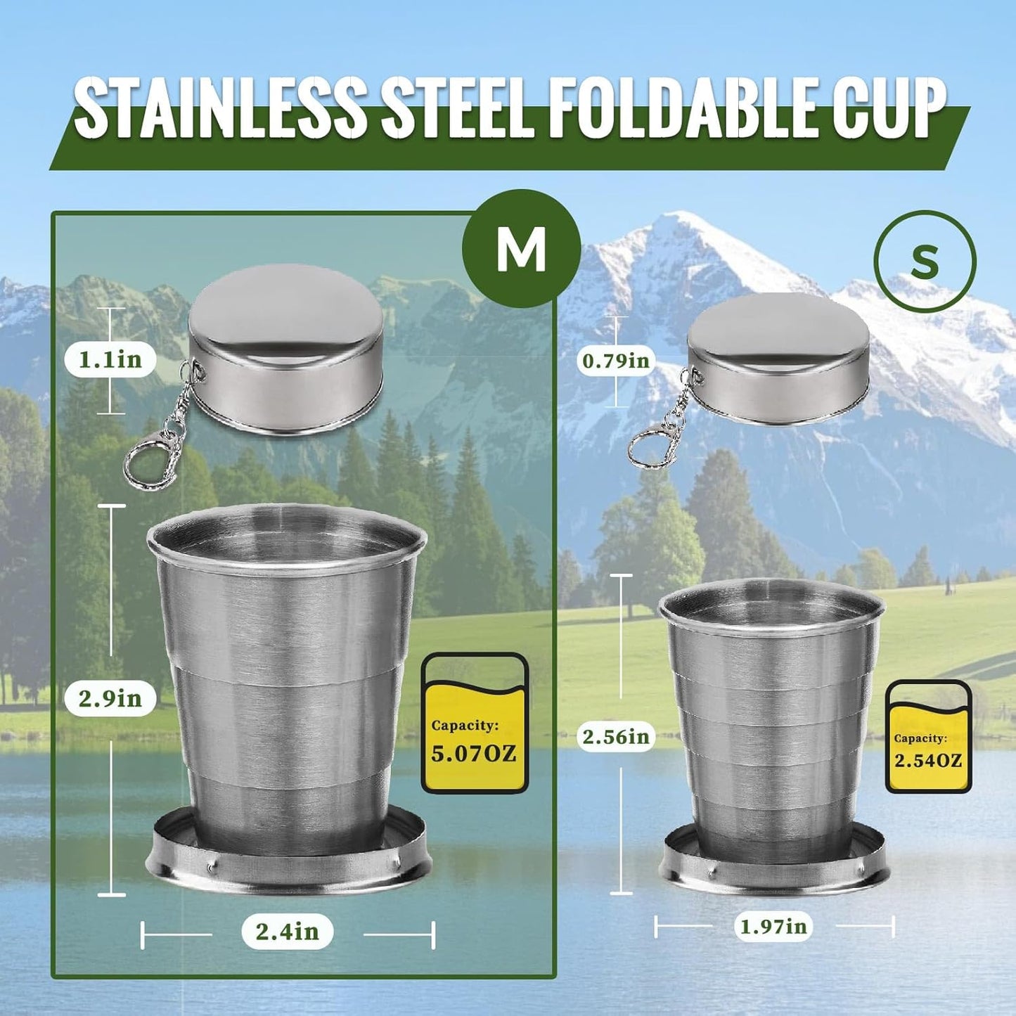 2 Pcs Stainless Steel Collapsible Cup, Foldable Cup with Lid and Keychain, Collapsible Cups for Traveling, Camping, Hiking, Biking and Daily Use (Middle)