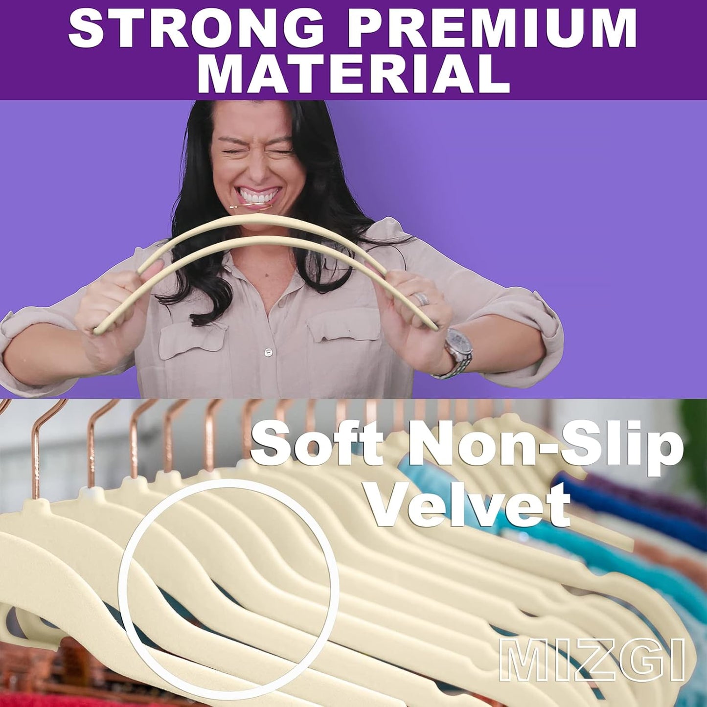 MIZGI Premium Velvet Hangers (50 Pack) Heavy Duty - Non Slip Felt Hangers - Velvet Suit Hanger Ivory - Rose Gold Hooks,Space Saving Clothes Hanger