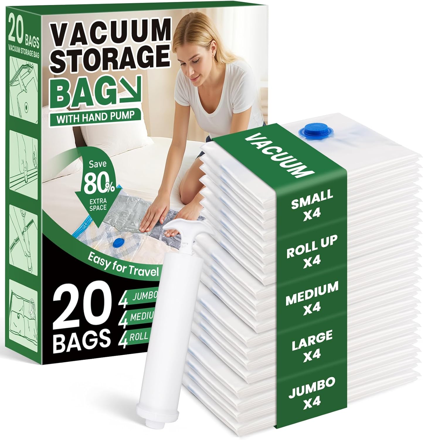 Vacuum Storage Bags,20Pack Vacuum Seal Bags for Clothing,Travel,Clothes,Comforters,Blankets,Pillows-4 Jumbo+4 Large+4 Medium+4 Small+4 Roll Up Space Saving Bag Hand Pump Inclued