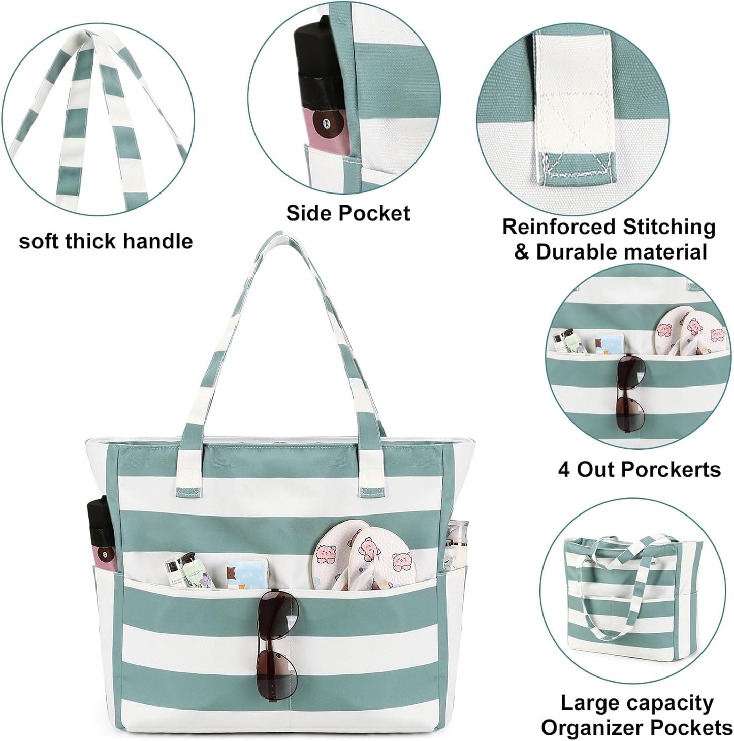 CAMTOP Waterproof Beach Tote Bag for Women Girls with Zipper Foldable Sandproof Pool Swim Bag Travel Carry On Gym