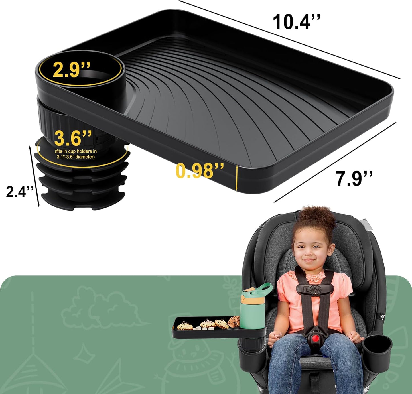 Upgraded Car Seat Tray for Kids Car Seat Tray with Expandable Base for Snacks, Toys, Books, Entertainment Kids Travel Essentials Fits 3.1''-3.5'' Cup Holders (1, Large Base)
