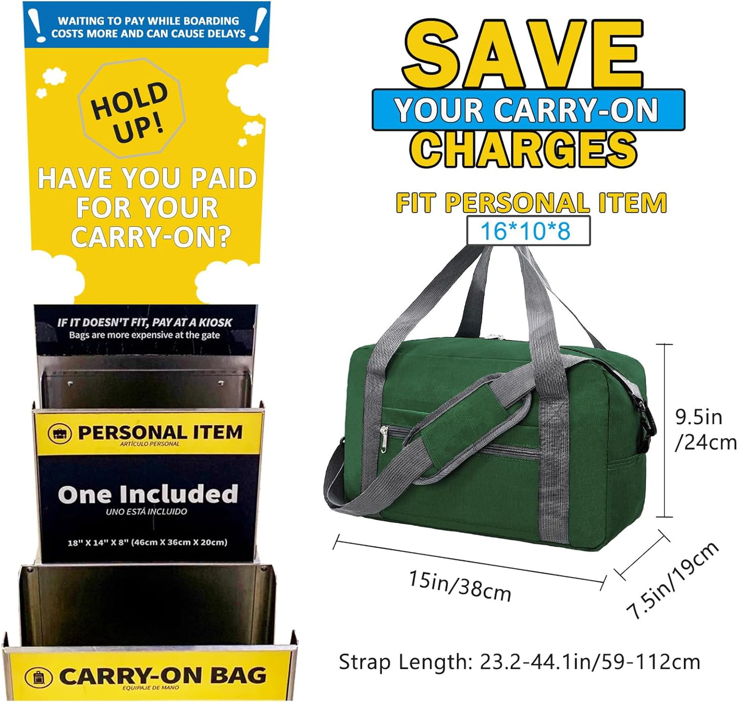 15 Inch Small Carry On Bags for Airplanes Spirit Airlines Personal Item Bag Underseat Foldable Travel Duffle Gym Bags for Women Men(20L,Green)