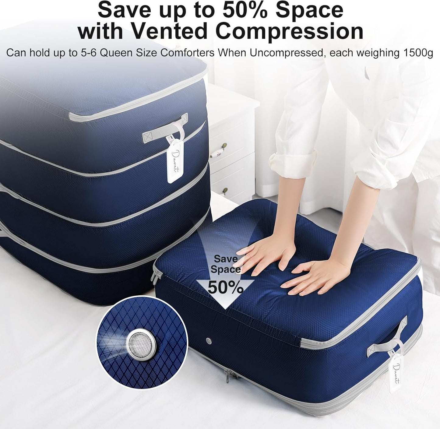 Comforter Storage Bag - Large Capacity Blanket Storage Bags 4-Layer Ultra Space Saving Self Compression Organizer, Washable Compression Bags for Storage Comforter Blanket, 4-Pack, Navy Blue