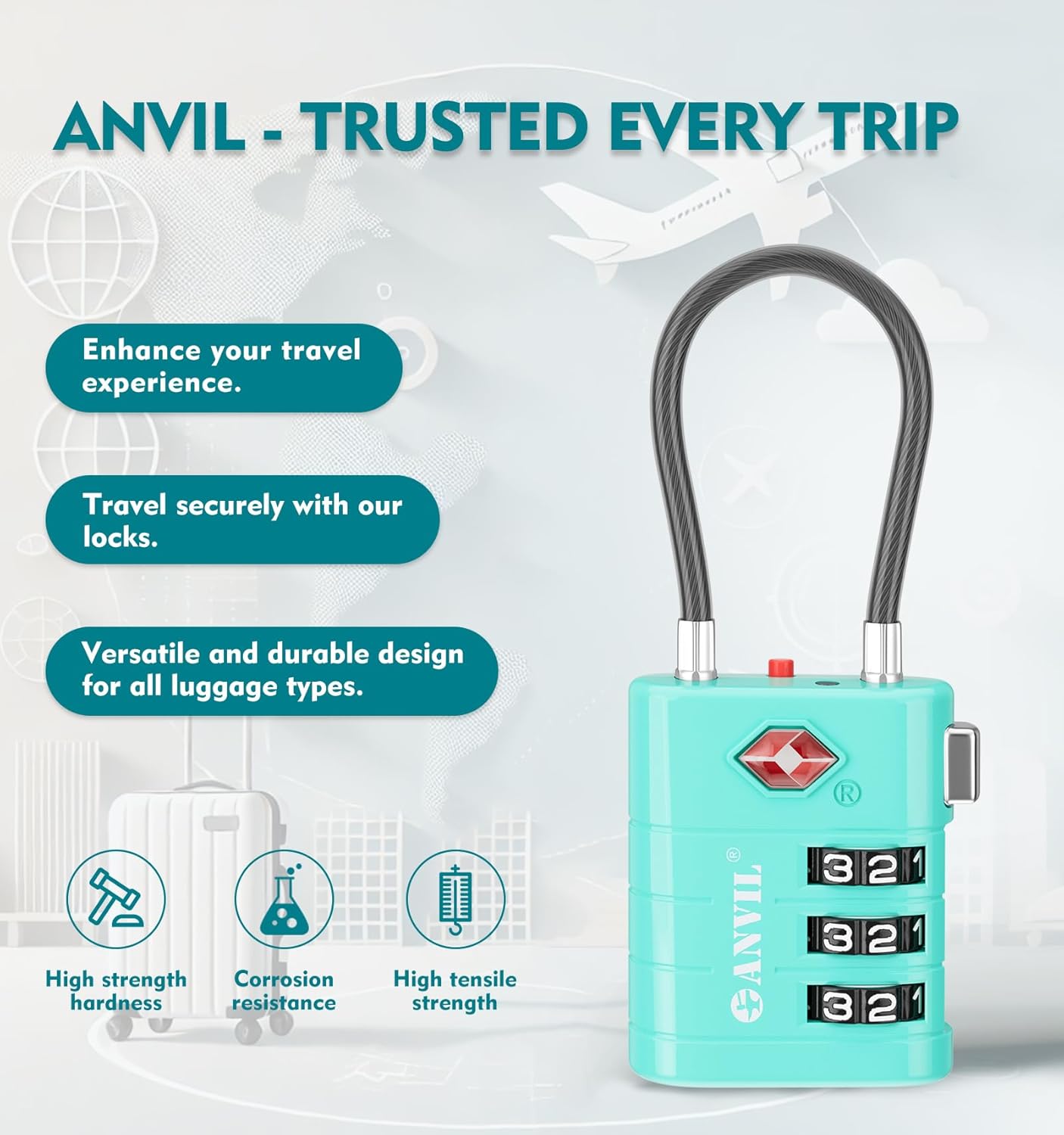 ANVIL TSA Approved Luggage Locks – High Security TSA008 Combination Travel Locks with Inspection Indicator for Suitcases and Backpacks. (2, Cyan)