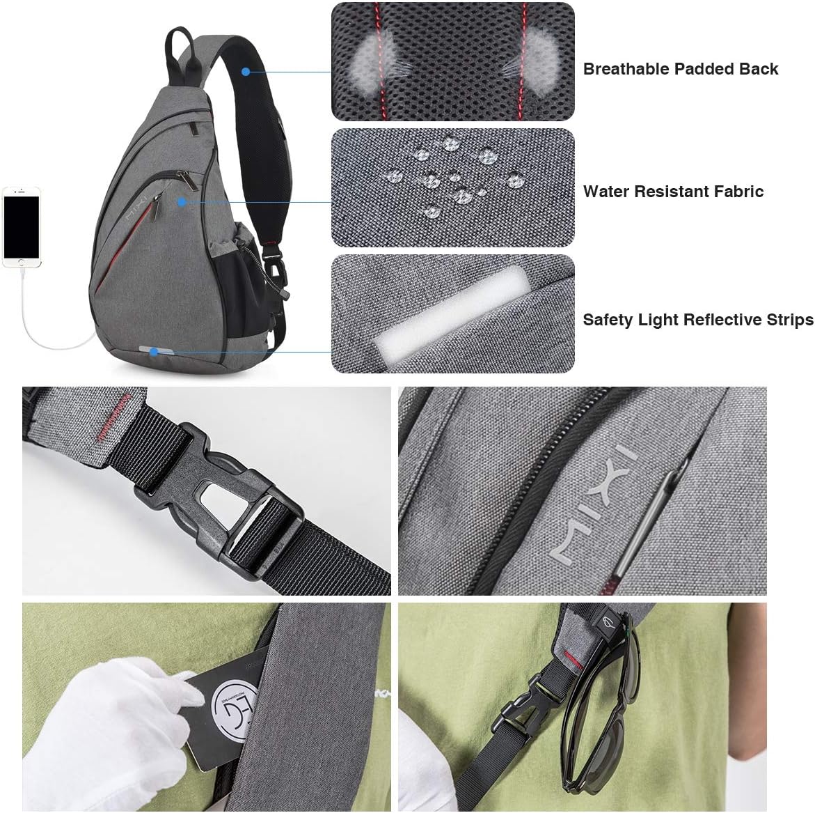 mixi Sling Bag Men Backpack Unisex One Shoulder Bag Hiking Travel Backpack Crossbody with USB Port for Men Women Versatile Casual Daypack-17 inch,Gery