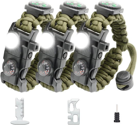 20 in 1 Survival Paracord Bracelet Adjustable Gear Kit with SOS LED Light, Fire Starter, Bigger Compass, Survival Whistle, Perfect for Camping, Hiking, Fishing