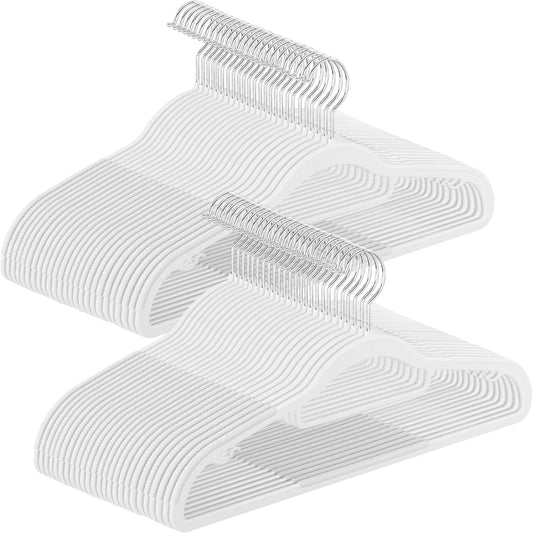 SONGMICS Pack of 50 Coat Hangers, Space-Saving Plastic Clothes Hangers, Non-Slip, 0.2 Inches Slim, 16.5 Inches Wide, 360° Swivel Silver Hook, White UCRP20WT50