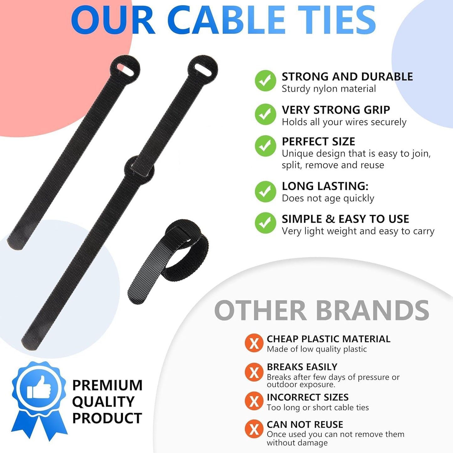 100 x Colourful Reusable Cable Ties, Cable Straps, Adjustable Cable Ties, Strong Hook and Loop Cable Straps with Buckle for TV Cables, PC Cables and Desk Organisation