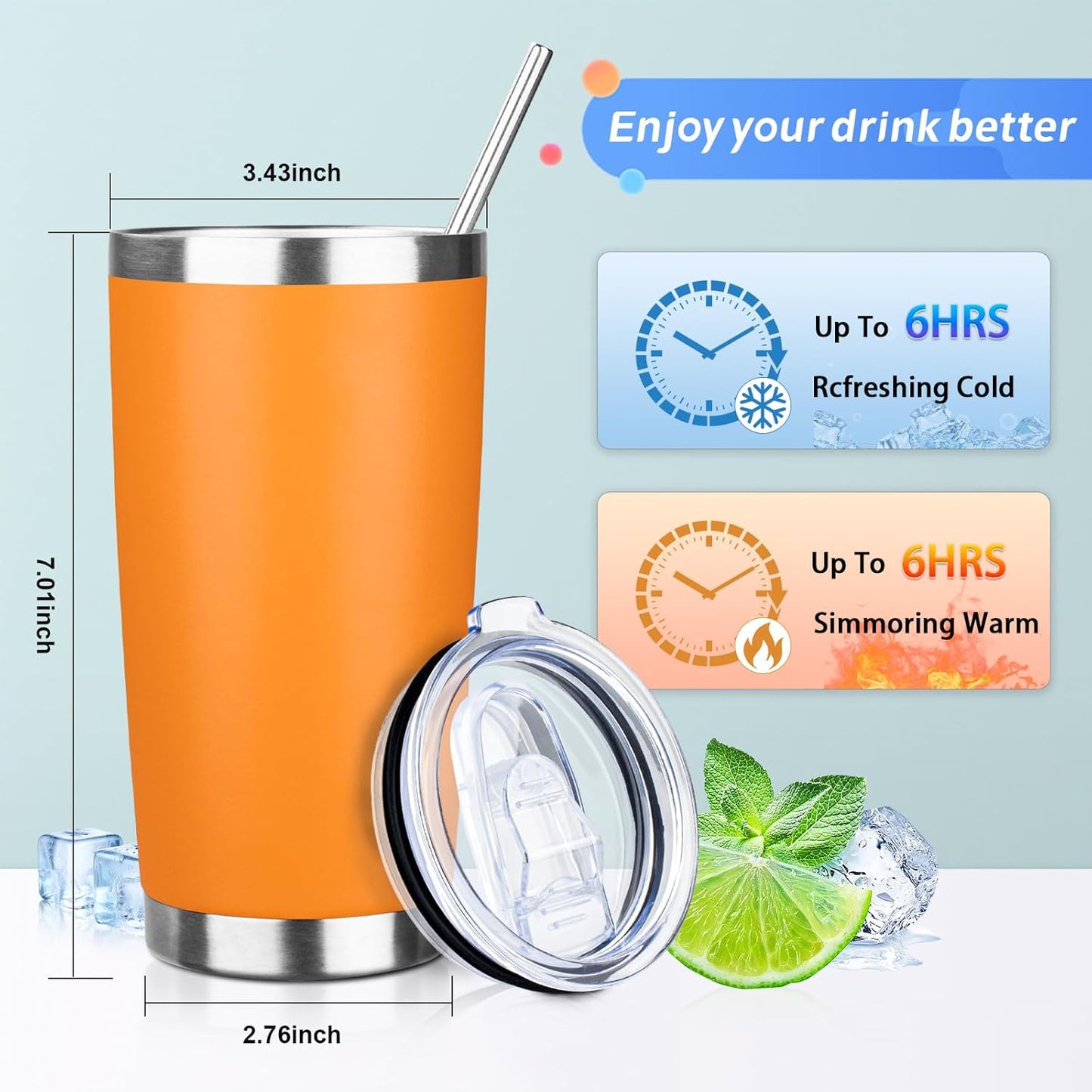 20oz Tumbler with Straw and Brush, Stainless Steel Vacuum Insulated tumbler, Double Wall Insulated Coffee Tumbler for Outdoor, Home, Travel,Office (Orange,1pcs)