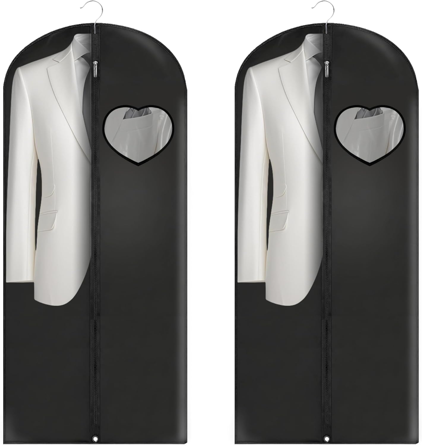 Dress Bags for Gowns Long, 60'' Garment Bags for Hanging Clothes, Suit Bag Cover for Storage and Travel, with Clear Heart Window, 2 Pack (Black)