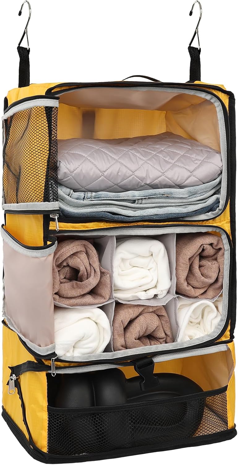 TABITORA Travel Portable Hanging Shelves Closet Organizer Packing Luggage Storage with Multifunctional and Foldable Invisible Compartment,Lightweight, for Suitcase, RV,Closet…Yellow,XL