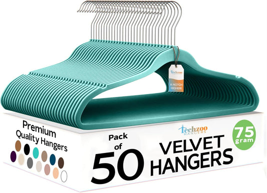 50 Pack New Premium Quality Velvet Hangers Ultra Thin Non Slip Adult Felt Space Saving Hangers for Closet Heavy Duty Coat Pants Dress Hangers 360° Swivel Hook Hold Upto 10 lbs Teal