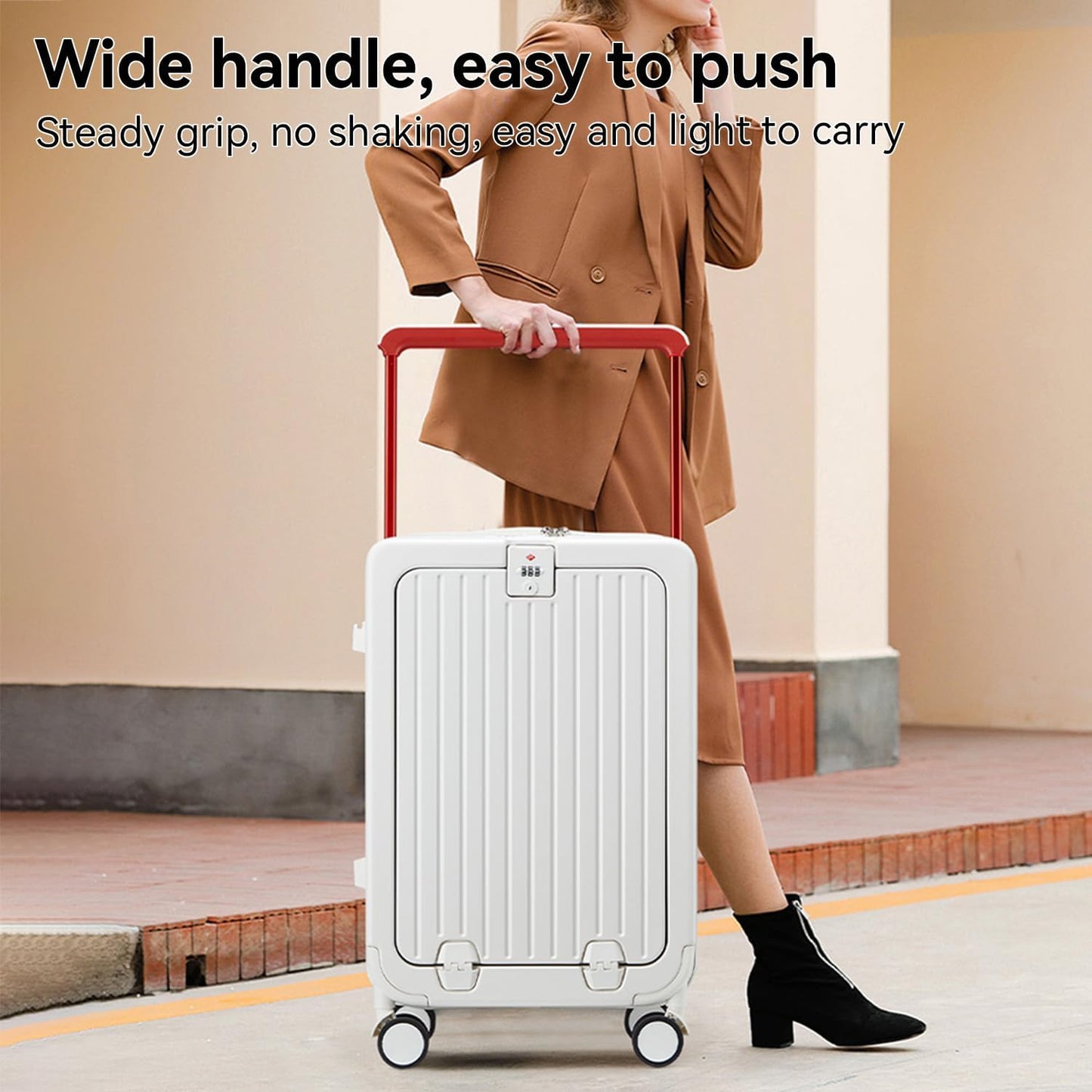 SOKOK Front Pocket Luggage Carry On with Spinner Wheels, Wide Handle Travel Suitcase PC Hardshell Durable Rolling Luggage for Business Trip with Charging Port and Cup Holder, White