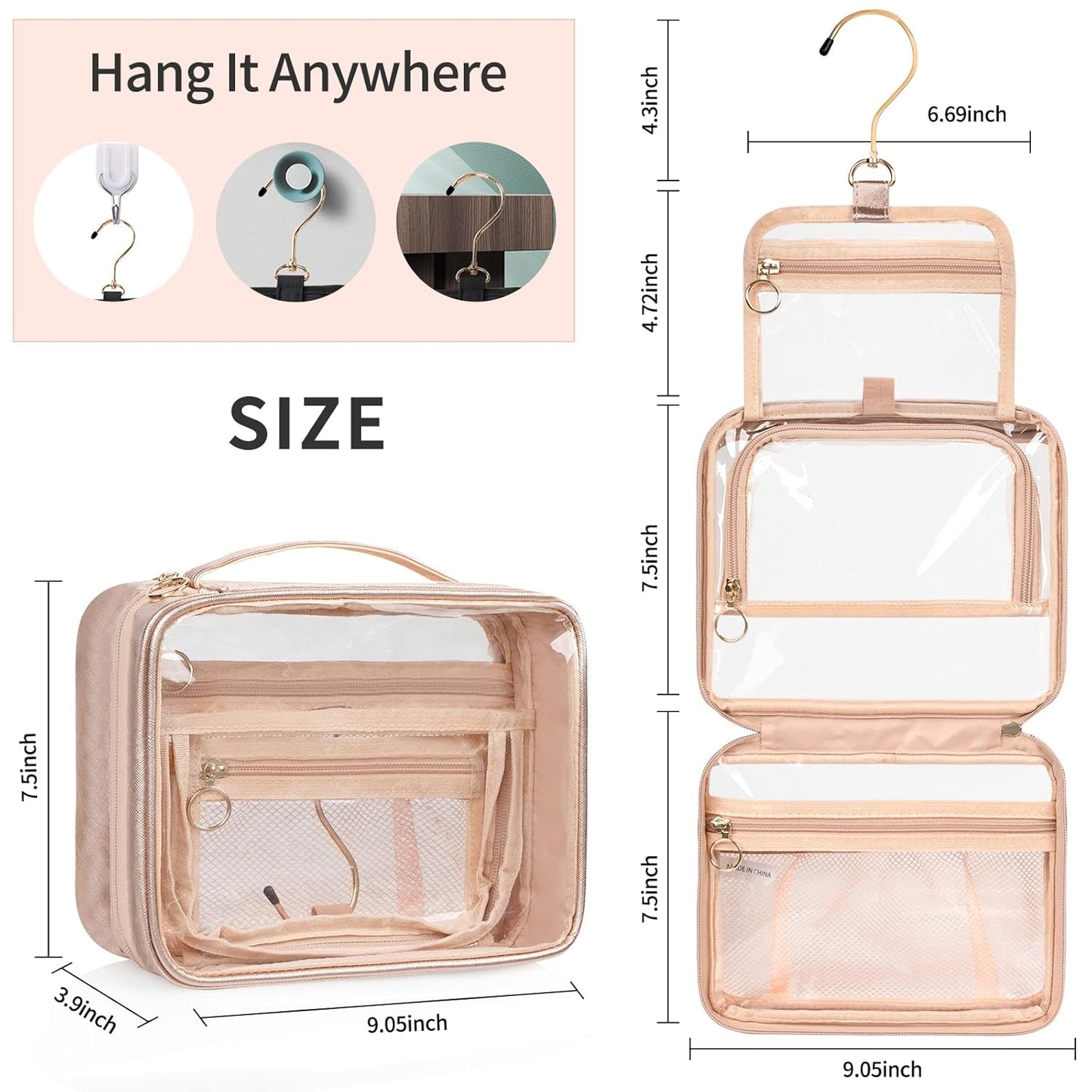 CUBETASTIC Toiletry Bag for Women, Clear Hanging Travel Toiletries Bag, Portable Makeup Bag Transparent Cosmetic Case with Handle, Traveling Make Up Organizer