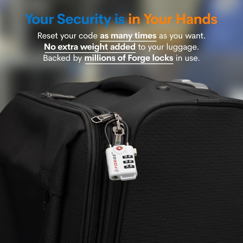 Forge TSA Approved Cable Luggage Locks, Re-settable Combination with Alloy Body(White 2 Locks)