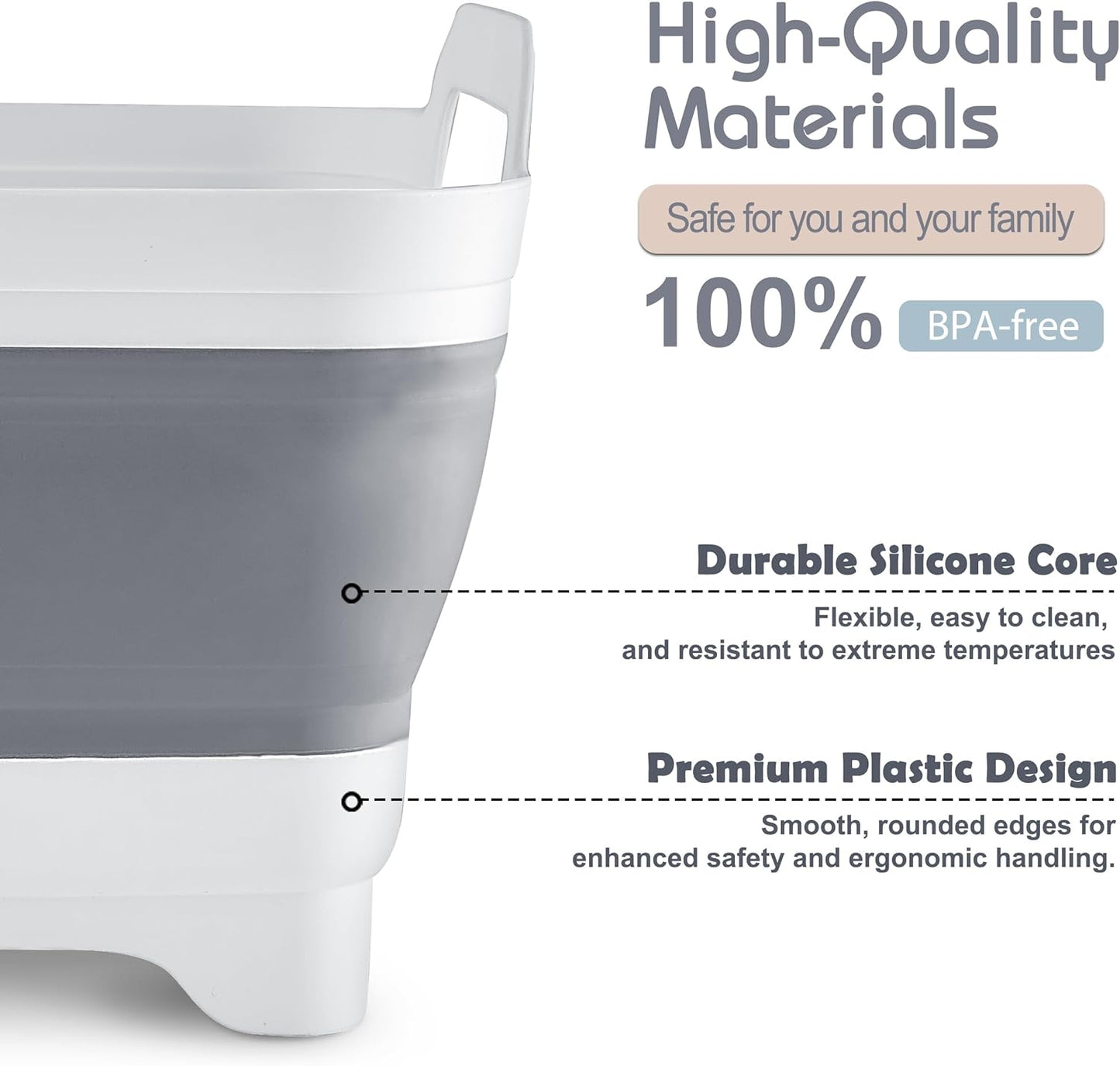 2.4 Gal(9L) Collapsible Dish Basin with Drain Plug - Multiuse Foldable Wash Basin for Baby Bottles, Space-Saving Multiuse Dish Tub, Kitchen Sink for Camping, Dishes Washing, RV (Gray)