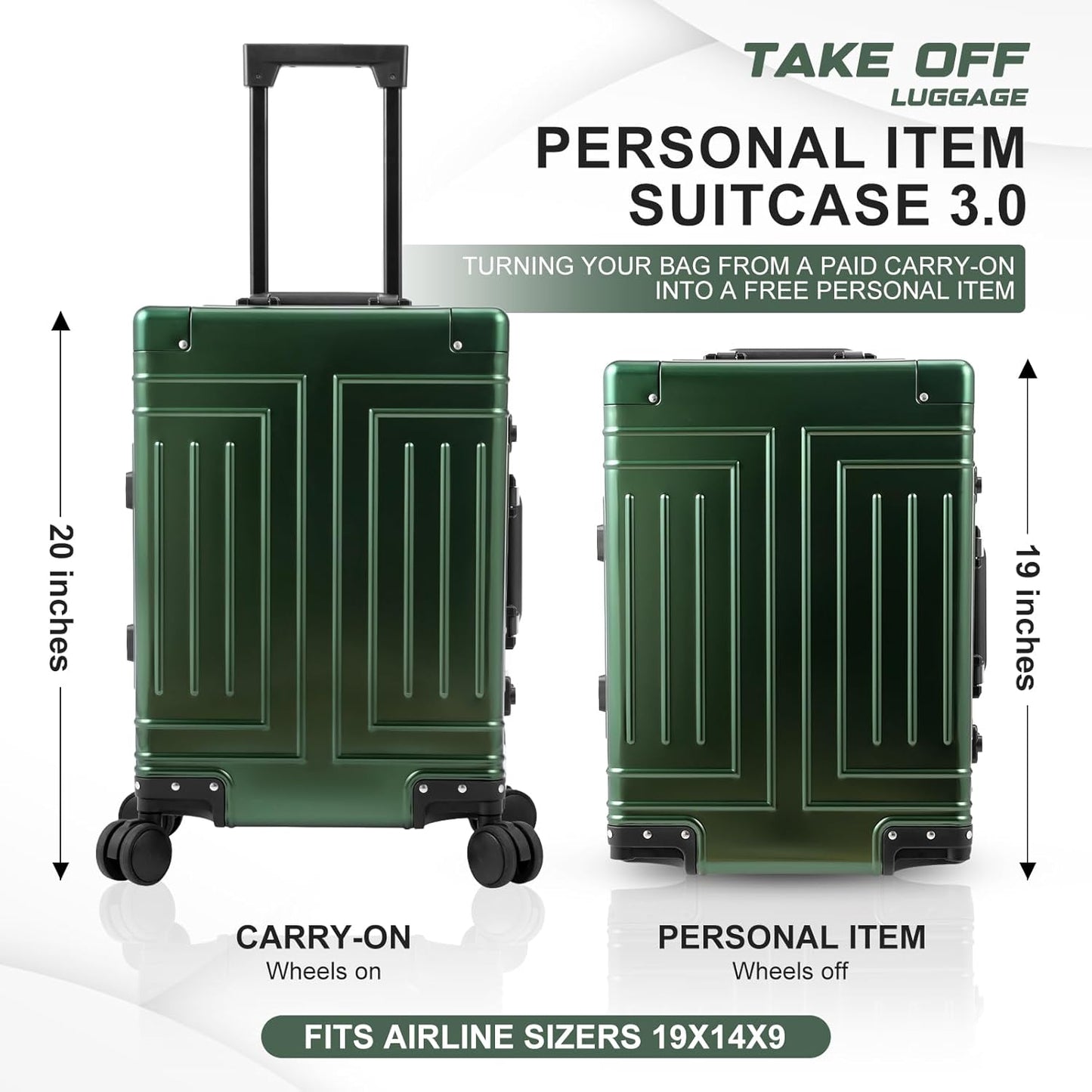 All Aluminum Carry On Luggage，Cut from Whole Aluminum Sheet，22x14x9 Airline Approved ，（3rd Generation，Premium Metal zipperless suitcase ） (green, 20inch)