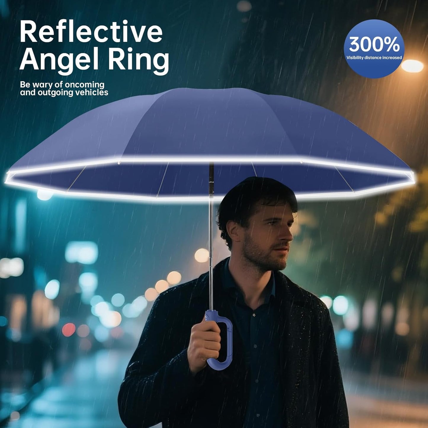 Portable Travel Umbrella, compact, durable, and windproof, reverse folding umbrella with safety reflective ring design, suitable for car and outdoor travel