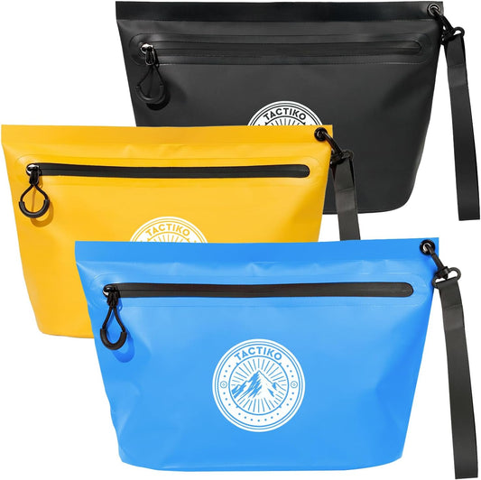 3-Pack Tactiko Heavy-Duty Splash Water Resistant Zipper Pouches - Hold-All Organizers for Dry Bags, Travel Bags (3, Blue/Yellow/Black)
