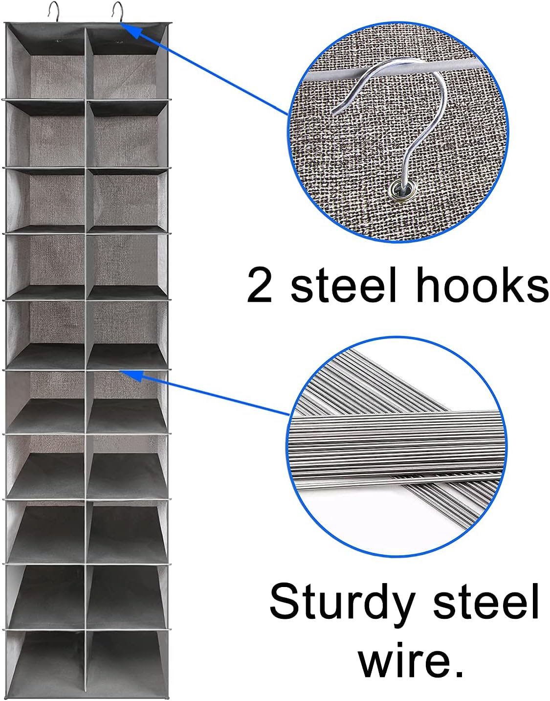 coastal rose Hanging Shoe Organizer for Closet, 20 Sections Hanging Closet Organizer and Storage Shelves, Space Saving Shoe Rack for Closet, Grey, 12''W×12''Dx 50''H