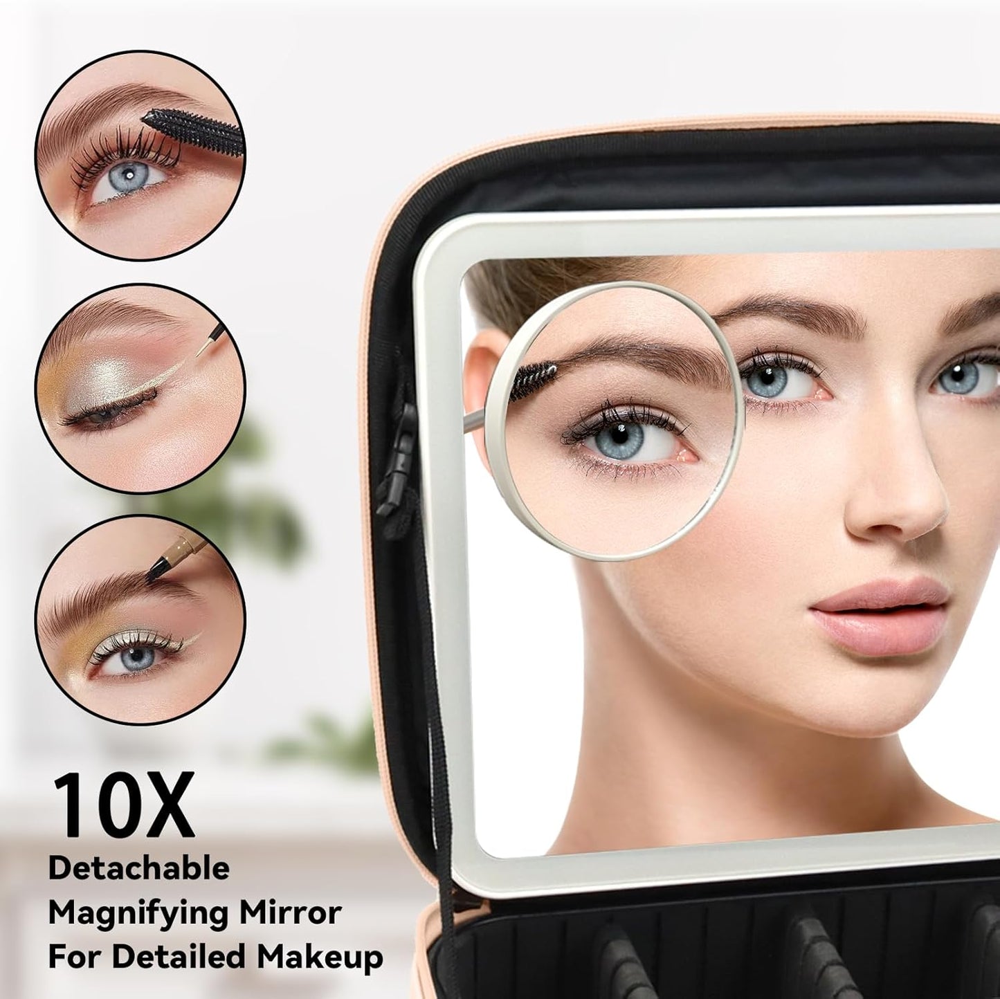 Travel Makeup Bag with LED Mirror and 10x magnifying glass with 3 Lighted Settings, Adjustable Dividers and Makeup Brush Storage Bag Khaki