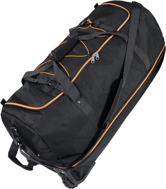 110L Expandable to 140L 32” Foldable Oxford Soft-Sided Rolling Duffle Bag with 2 Heavy-Duty Wheels,3 Large Compartments,Adjustable Shoulder Strap and Attached Organizer Pouch,Black Orange