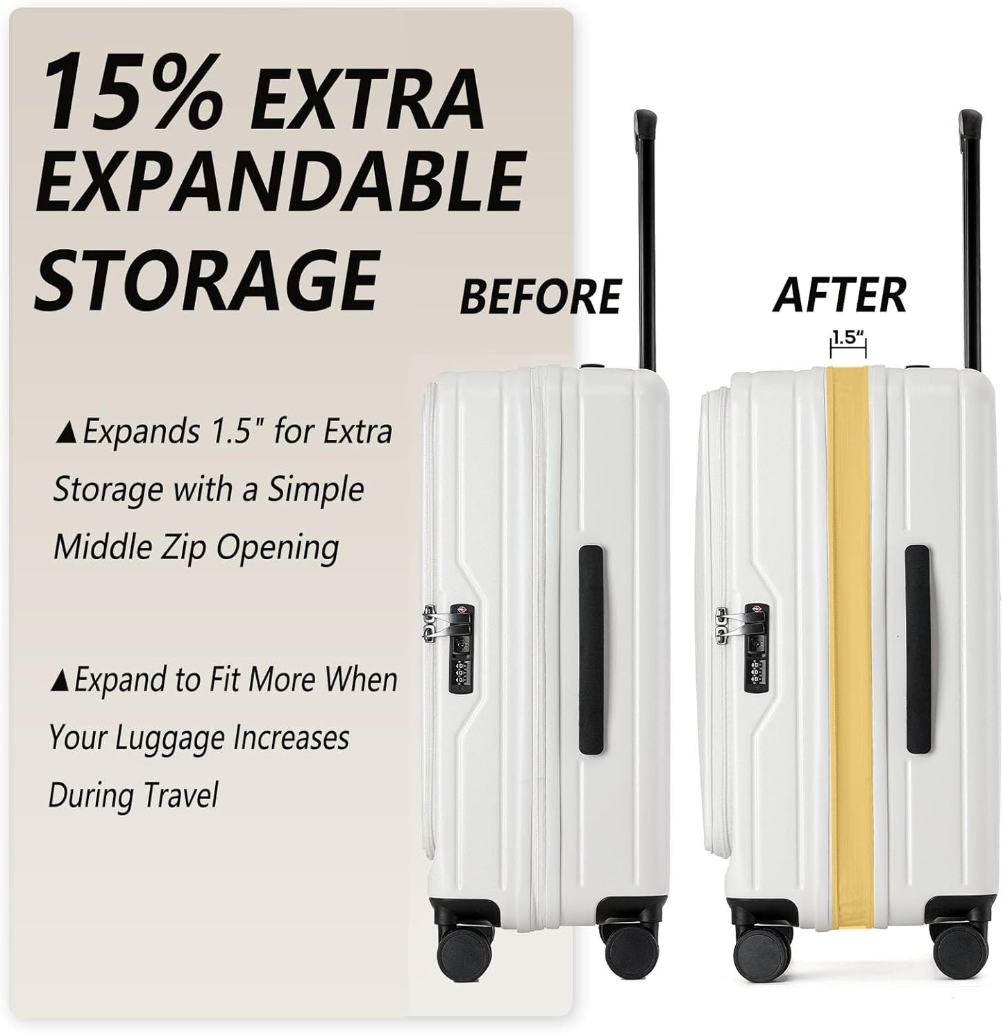 26 Inch Top Opening Checked Travel Luggage Expandable with Spinner Wheels,All PC Hard Shell Hardside Lightweight Medium Suitcase with TSA Approved Cup Holder for Business Trips Woman Men,White