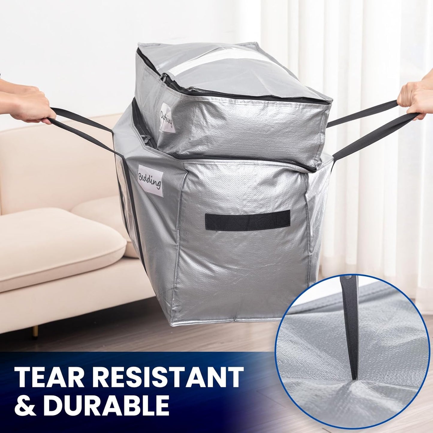 TAILI 2 Tier Extra Large Moving Bags, 4 Pack Silver Heavy Duty Totes For Storage with Visible Window, Wrap Around Handles, Storage Bags for Space Saving, Alternative to Moving Boxes