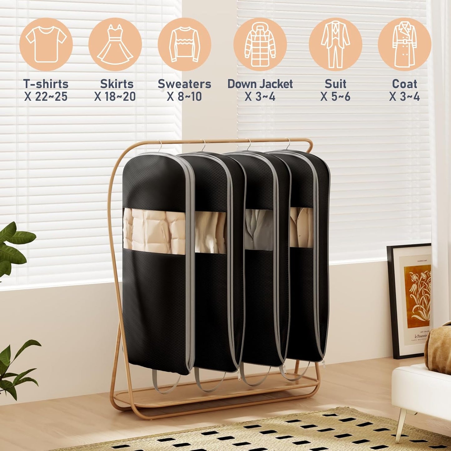 DIMJ 4 Pack 54" Garment Bags for Hanging Clothes - Space Saving Compression Suit Bag Travel with Handles Window, Washable Carry Clothing Storage Cover for Dress, Coats, Down Jacket, Shirts