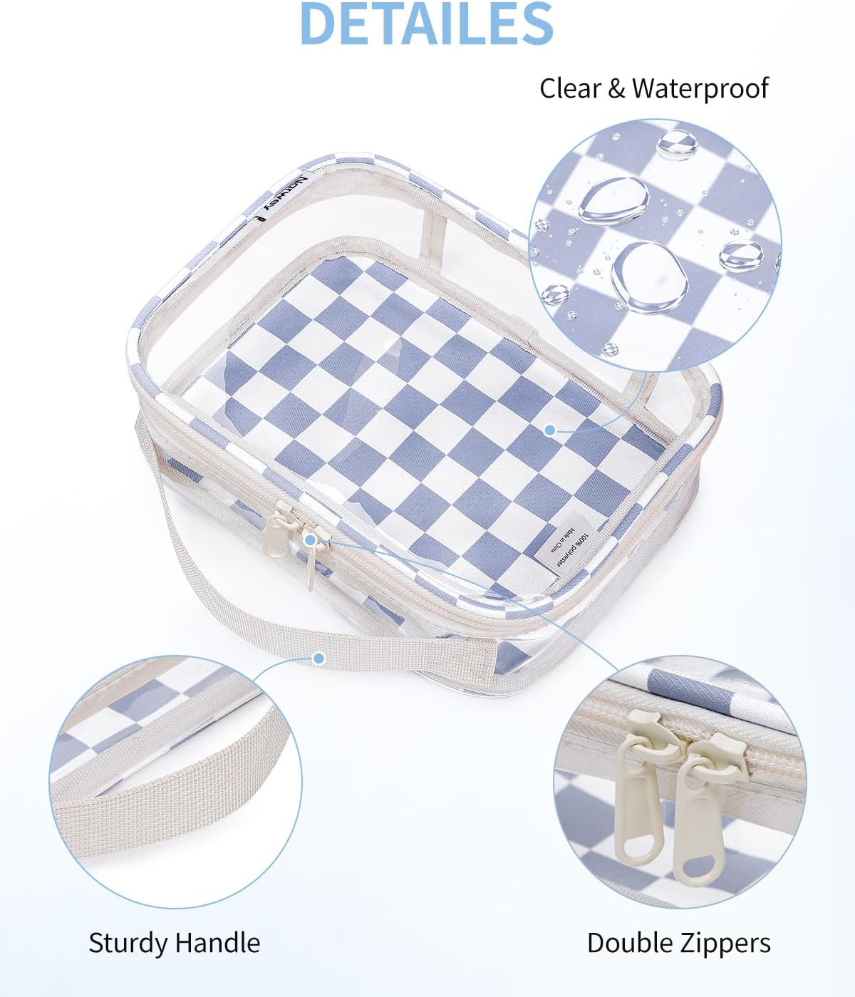 Narwey TSA Approved Clear Toiletry Bag for Travel, Waterproof PVC Clear Makeup Bags Portable Compact Cosmetic Bag Make Up Organizer Airport Airline Quart Size Compliant Bag (Grayish Blue Checkerboard)