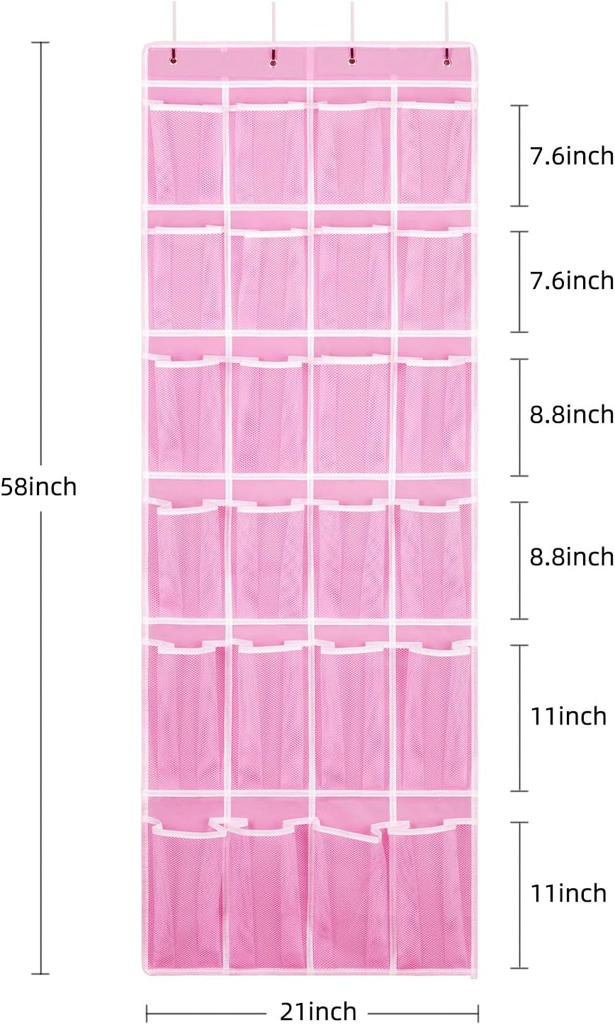 Hanging Shoe Organizer 2Pack, Over The Door Shoe Rack with 24 Mesh Pockets - Pink (2pack), Size: 58x21 Inch