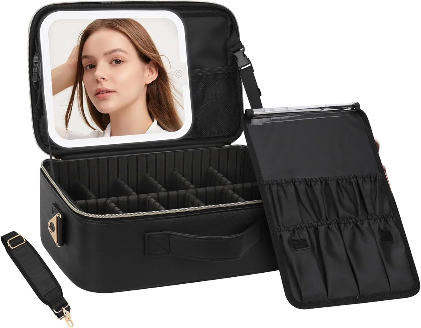 Chomeiu Makeup Bag with LED Mirror, Travel Cosmetic Train Case for Women, Makeup Artists Large Organizer Box with Vanity Light Up Mirror, 3 Color Lights, Adjustable Dividers & Shoulder Strap (Black)