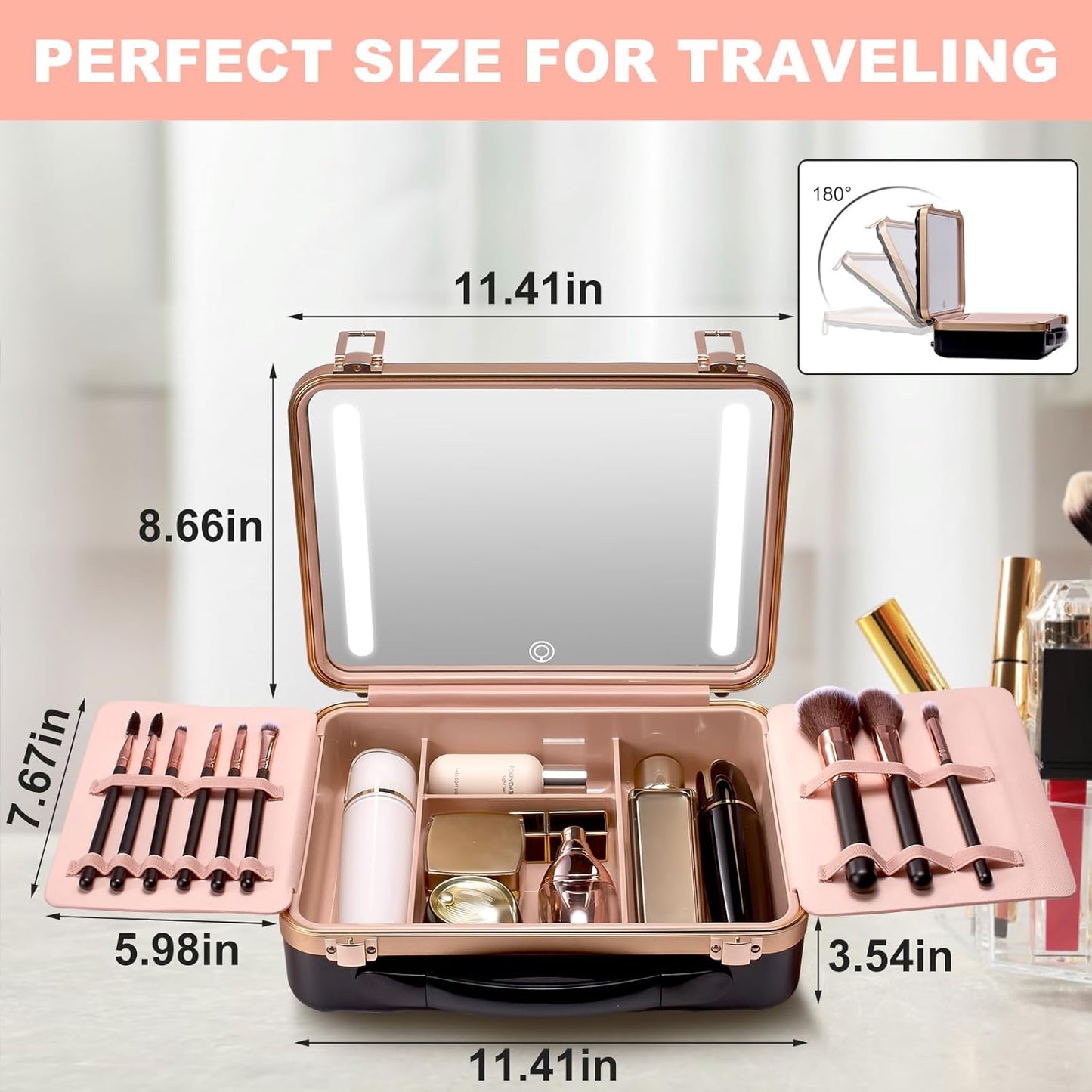 Mocado Travel Makeup Case with Lighted Mirror, Makeup Box with 8 Makeup Brushes and 10x Magnifying Mirror,Cosmetic Case Adjustable Brightness Makeup Train Case with Makeup Brushes Divider(Black)