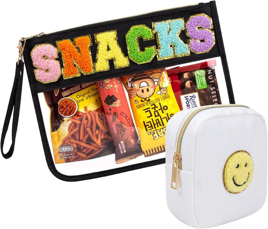 2 Pcs Snack Pouch Chenille Letter Clear Zipper Snack Bag, Nylon Snack Pouch for Travel Clear Makeup Bag Small Cosmetic Bag for Purse Snack Bags for School Waterproof Toiletry Bag