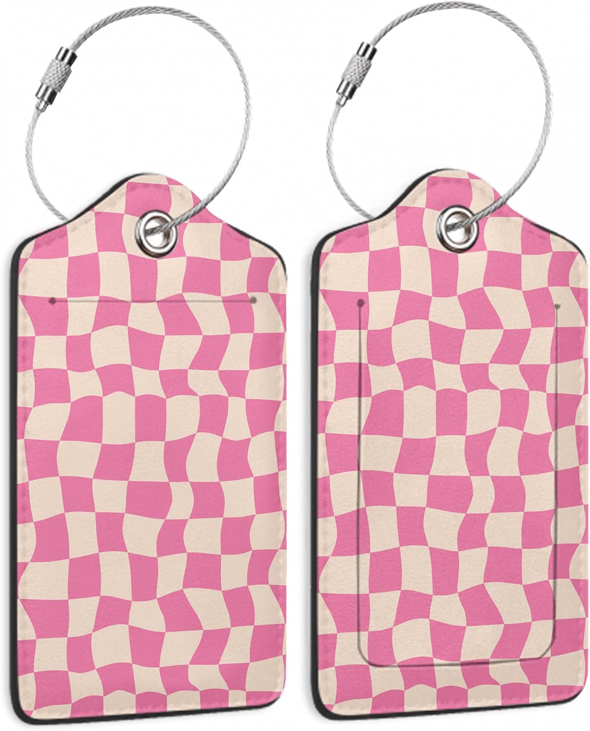2 Pack Luggage Tag for Suitcase, Groovy Pink Checkerboard Leather Bag Tags Identifiers Privacy Cover ID Label with Durable Steel Loop for Women Men Kids Girls Travel