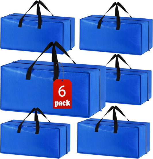 6 Pack Heavy Duty Extra Large Moving Bags Storage Tote - Strong Handles& Backpack Straps - Space Saving Storage Bags Alternative to Moving Boxes and Bins,Compatible with Ikea Frakta Cart, Blue