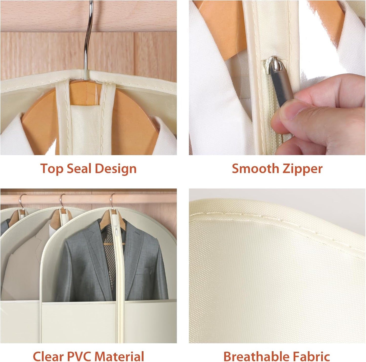 Univivi Suit Bags for Closet Storage, 40" Garment Bags for Hanging Clothes, Garment Bag for Travel and Storage with Large Visible Window for Suit Coat, Jacket, Sweaters (Set of 6), Biege