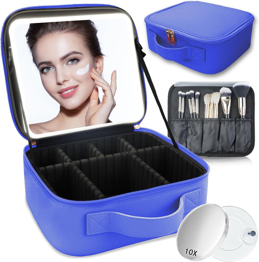 Makeup Bag with Led Mirror,Travel Makeup Organizer with 3 Color Setting & 10X Magnifying Mirror, Portable Storage and Adjustable Dividers Travel Makeup Bag-dark blue
