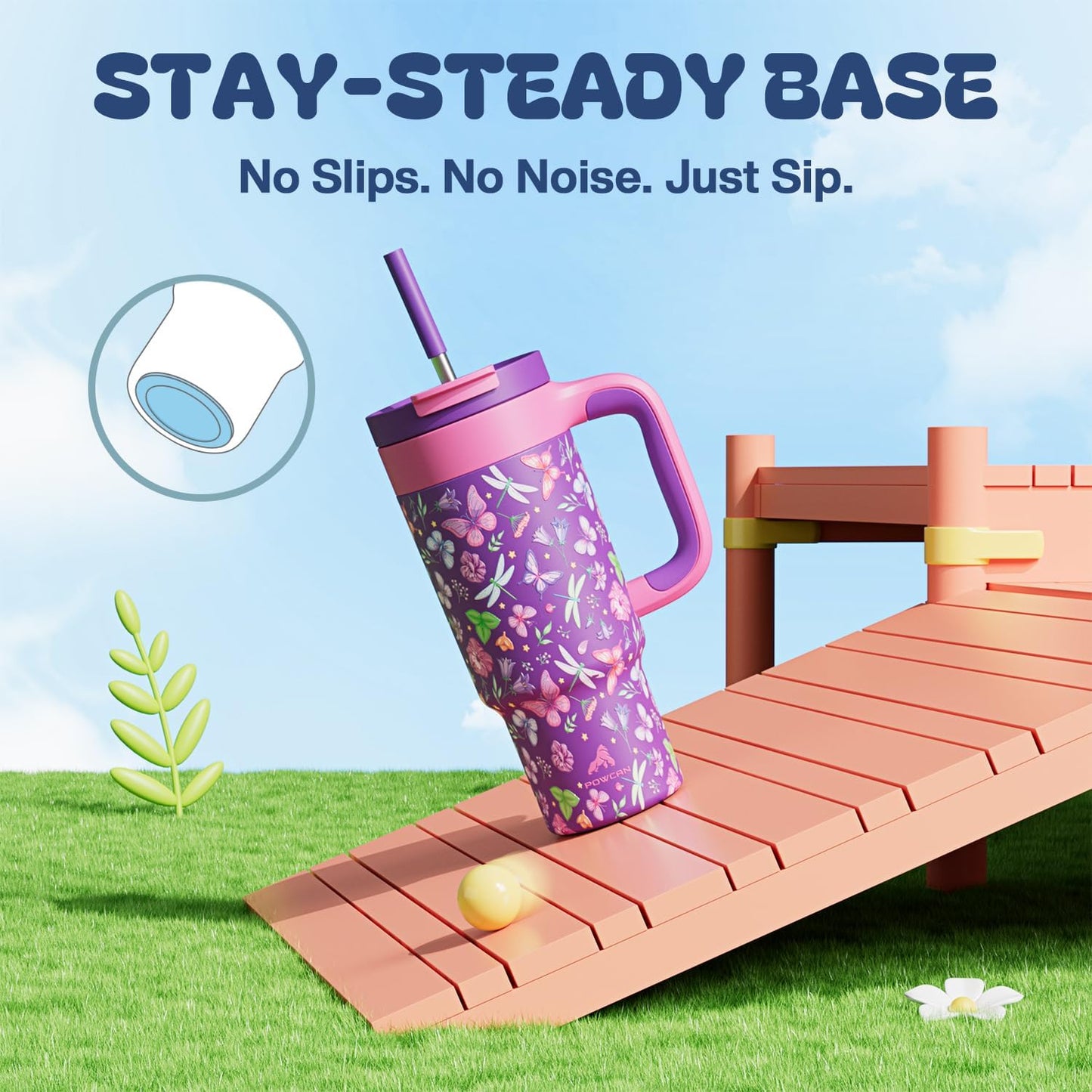 24 oz Insulated Tumbler for Kids: Spill-Proof, 2-in-1 Straw Lid, Cold for 26 Hrs, Stainless Steel Cup with Handle for School, Camping, Gift, Daily, Outdoor, Trip, Travel, Vacation (Butterfly Field)