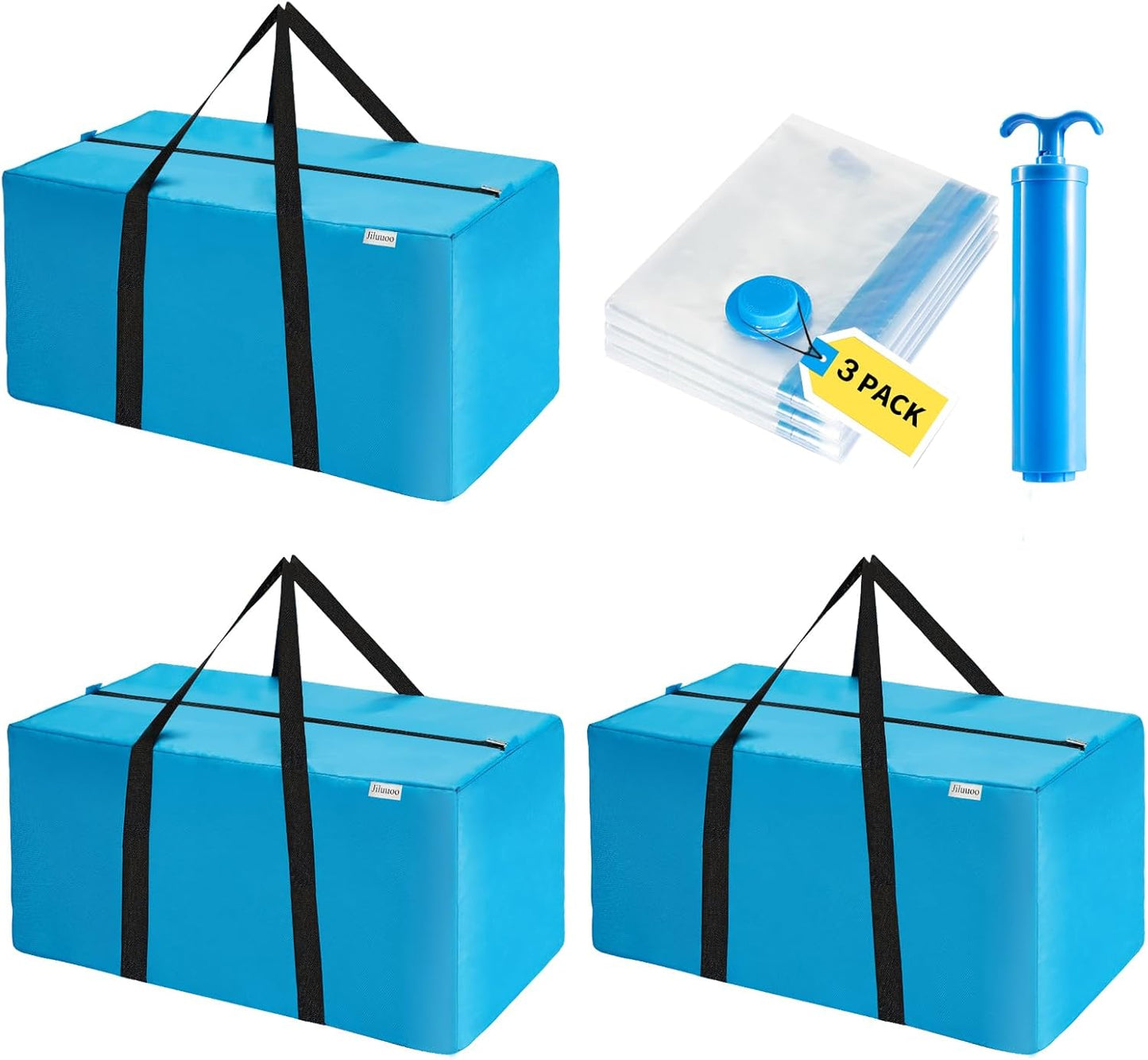 2-in-1 Space Saving Storage Bundle: Extra Large Blue Moving Bag (31.5"L) + Transparent Vacuum Compression bag with Hand Pump for Clothes, Bedding & Dorm Move-In (3 Moving Bags+3 Vacuum bags)
