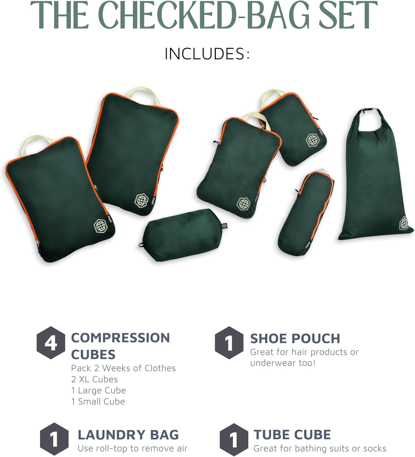 Large Compression Packing Cubes for Travel-Packing Cube Luggage Organizers 7 Piece Set for Checked Luggage-Ultralight, Expandable/Compression Bags by TRIPPED Travel Gear (Green/Orange)
