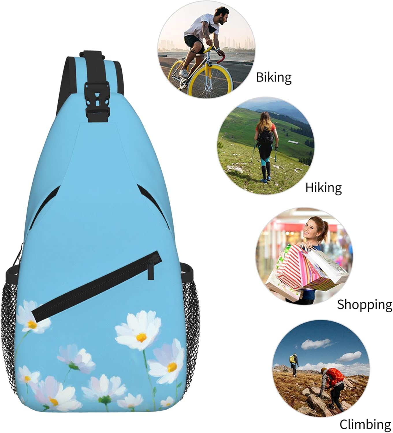 Sling Bag White Flower Blue Summer Hiking Daypack Crossbody Shoulder Backpack Travel Chest Pack for Men Women