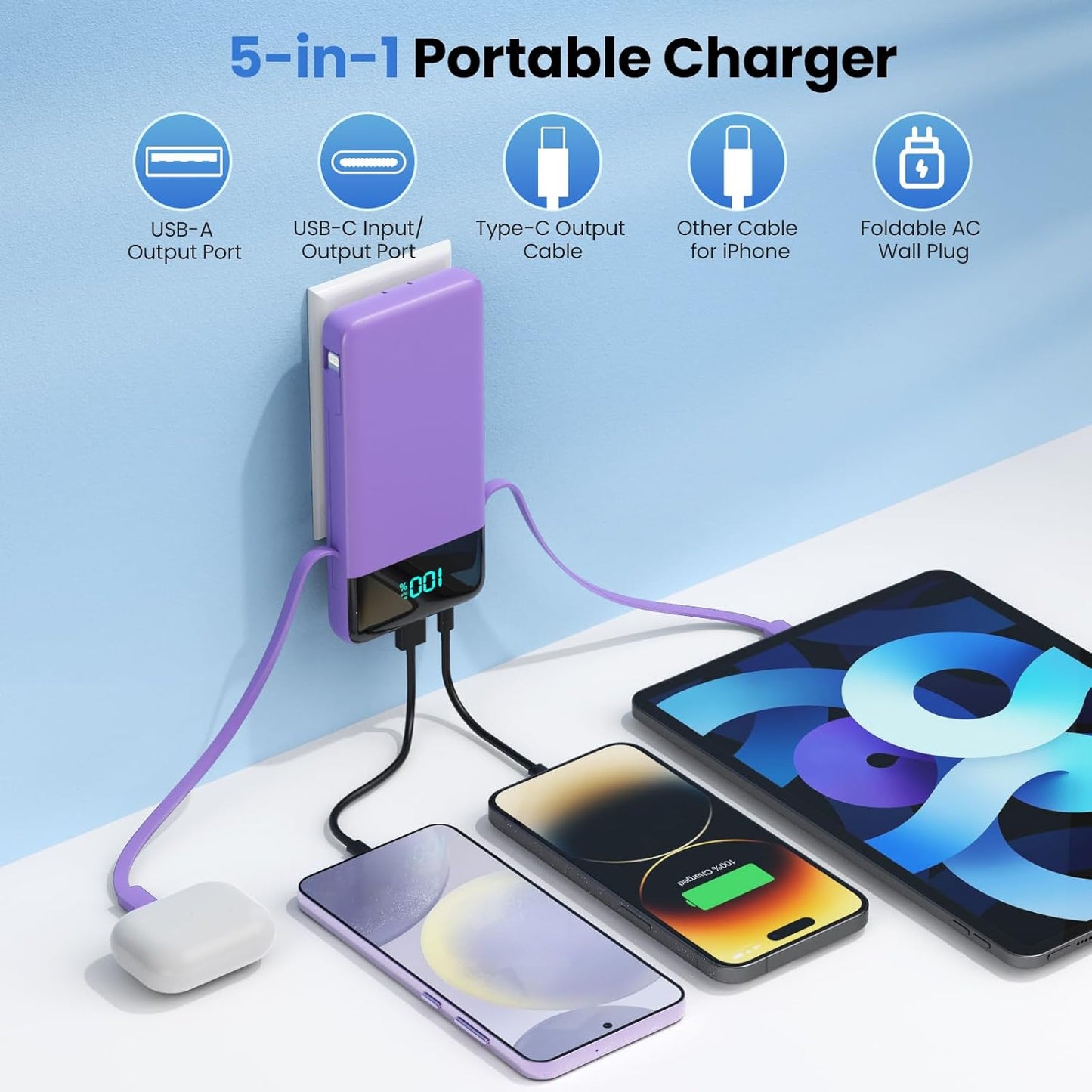 Portable Charger for iPhone with Built in Cables and Wall Plug,Upgraded 13800mAh Fast Charging USB C Power Bank,4 Outputs Travel Essential Battery Pack Compatible with iPhone 15/14/13,Samsung-Purple
