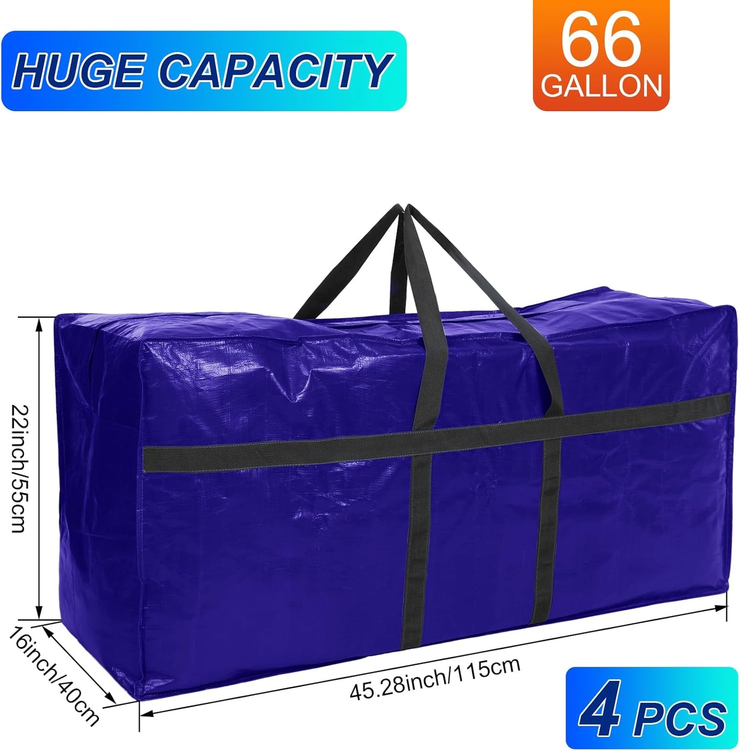 4 Pcs 66 Gallon Large Moving Bags with Zipper and Handles Foldable Storage Duffle Bags Heavy Duty Extra Large Totes for College Dorm Travel Clothes Blankets Bedding Moving (Navy Blue)