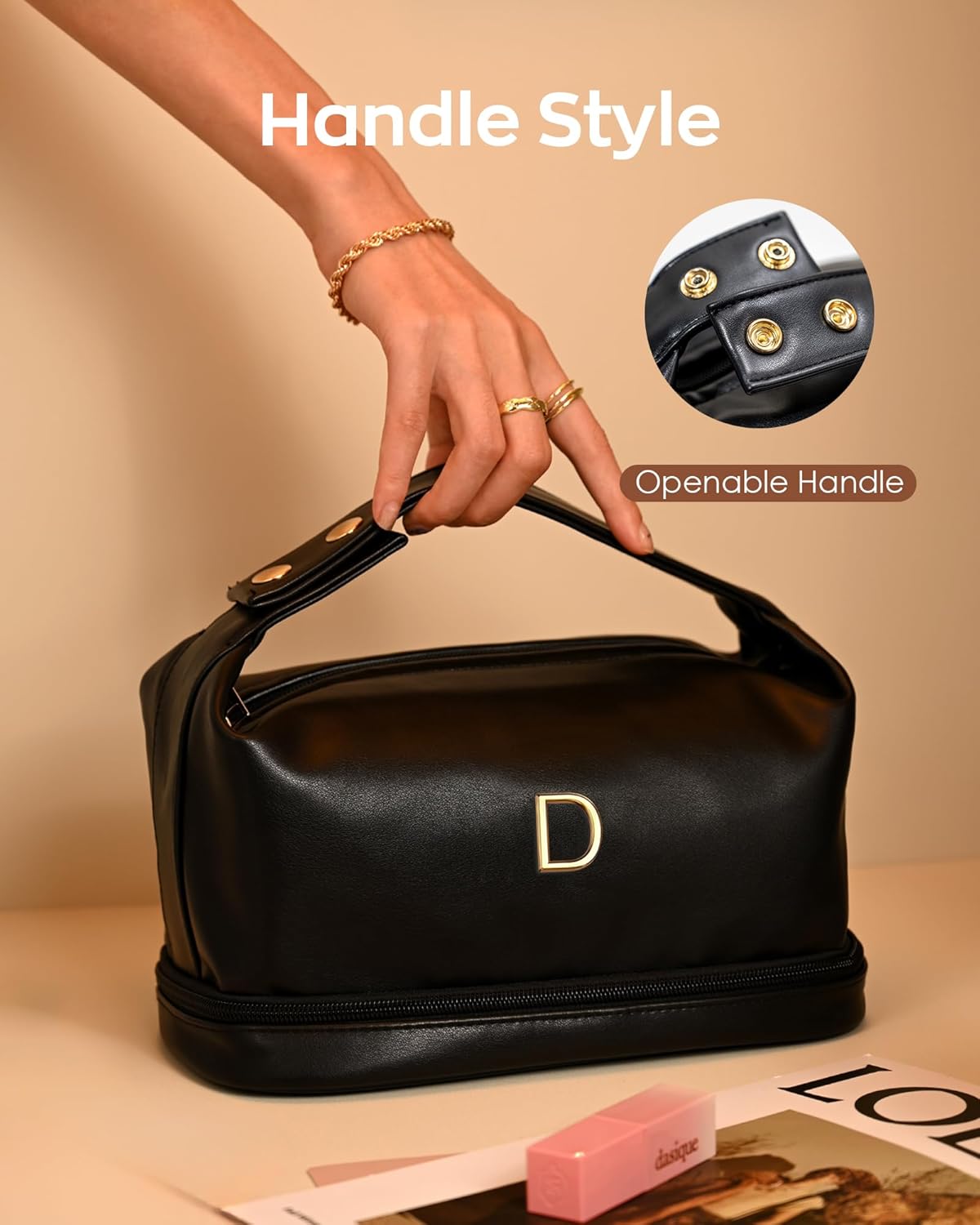 Graduation Gifts for Her, Personalized Makeup Bag with Handle, Initial Double Layer Cosmetic Bag with Makeup Brush Organizer, PU Leather Travel Toiletry Bag, Gifts for Friends Female Mom