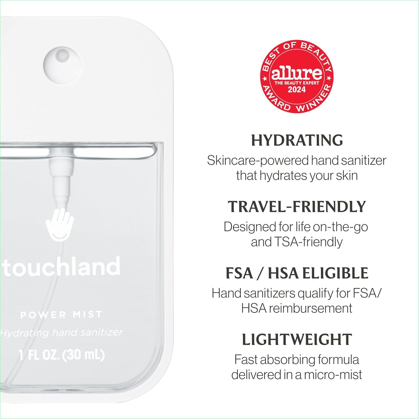 Touchland Power Mist Hydrating Hand Sanitizer Spray, DYE FREE Trio Set (Rainwater, Unscented, Beach Coco), 1 FL. OZ. Travel Size (Set of 3)