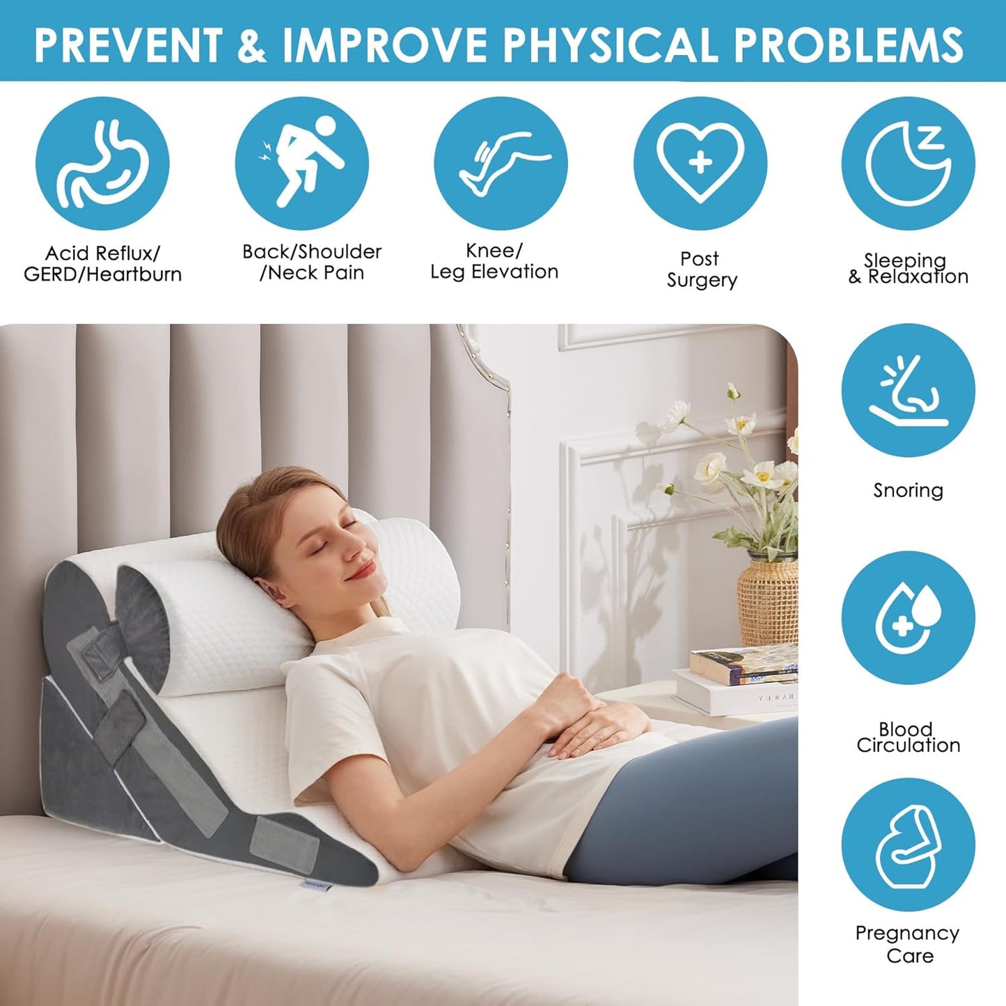 3PCS Bed Wedge Pillow for Headboard, Adjustable Wedge Pillow for Sleep Apnea, 23” Wide Triangle Pillow Wedge Set for After Surgery, Acid Reflux Relief, Snoring, Neck&Back Support, White/Grey