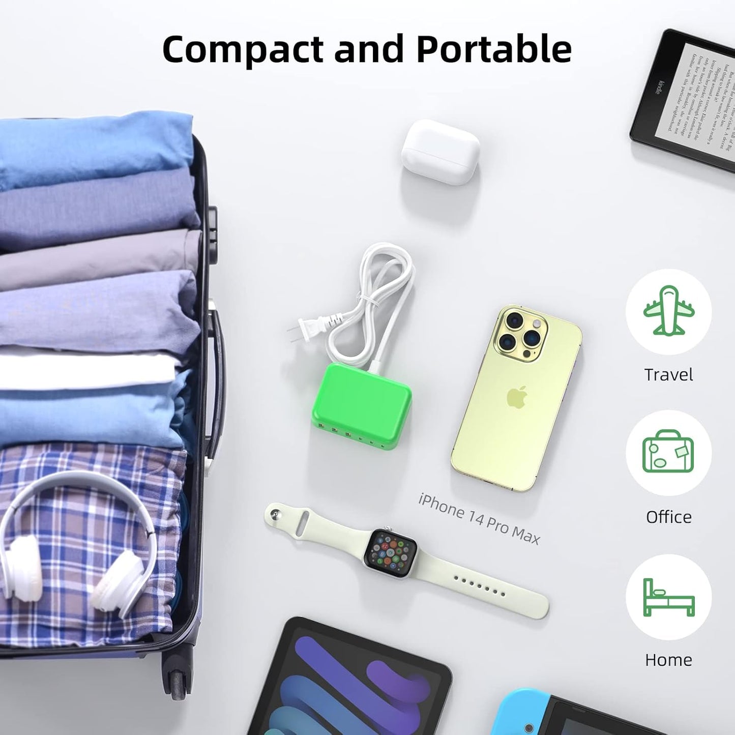 USB C Charger Block, 100W GaN 6 Port PD USB C QC USB A Wall Charger Adapter Plug Cube, Super Fast Type C Charging Station Hub for iPhone 16 15 14 13 12 Pro Max iPad Samsung Pixel 5ft Extension Cord